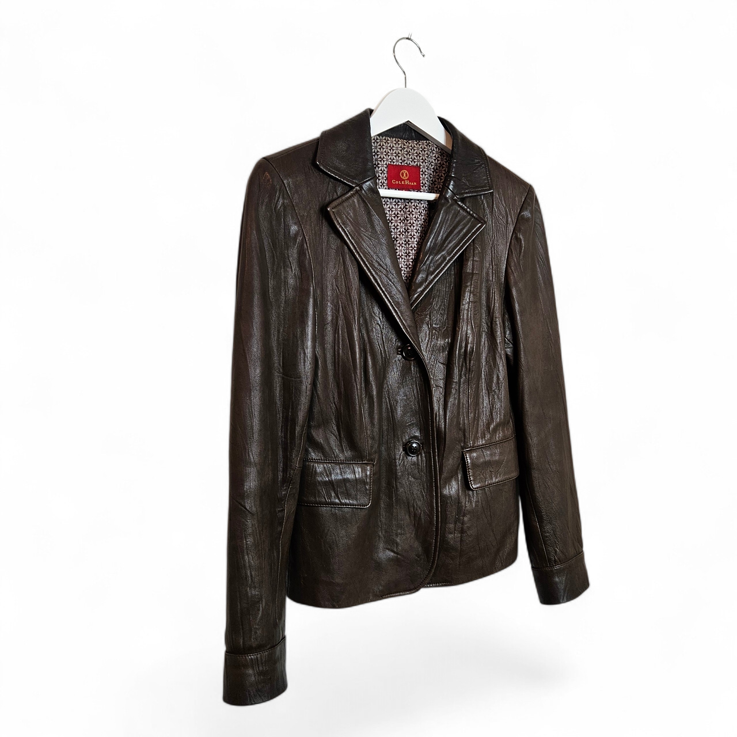 Cole Haan Lambskin Leather Blazer Jacket Brown Notch Collar Womens 4